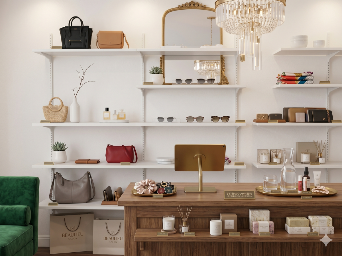 レジ横・カウンター周りに取り付けたウォールシェルフ